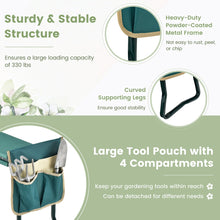 Green cushioned garden kneeler with heavy-duty metal frame, curved supporting legs, tool pouch