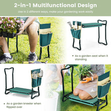 Green garden kneeler with cushioned pad and multi-compartment tool pouch on folding stand