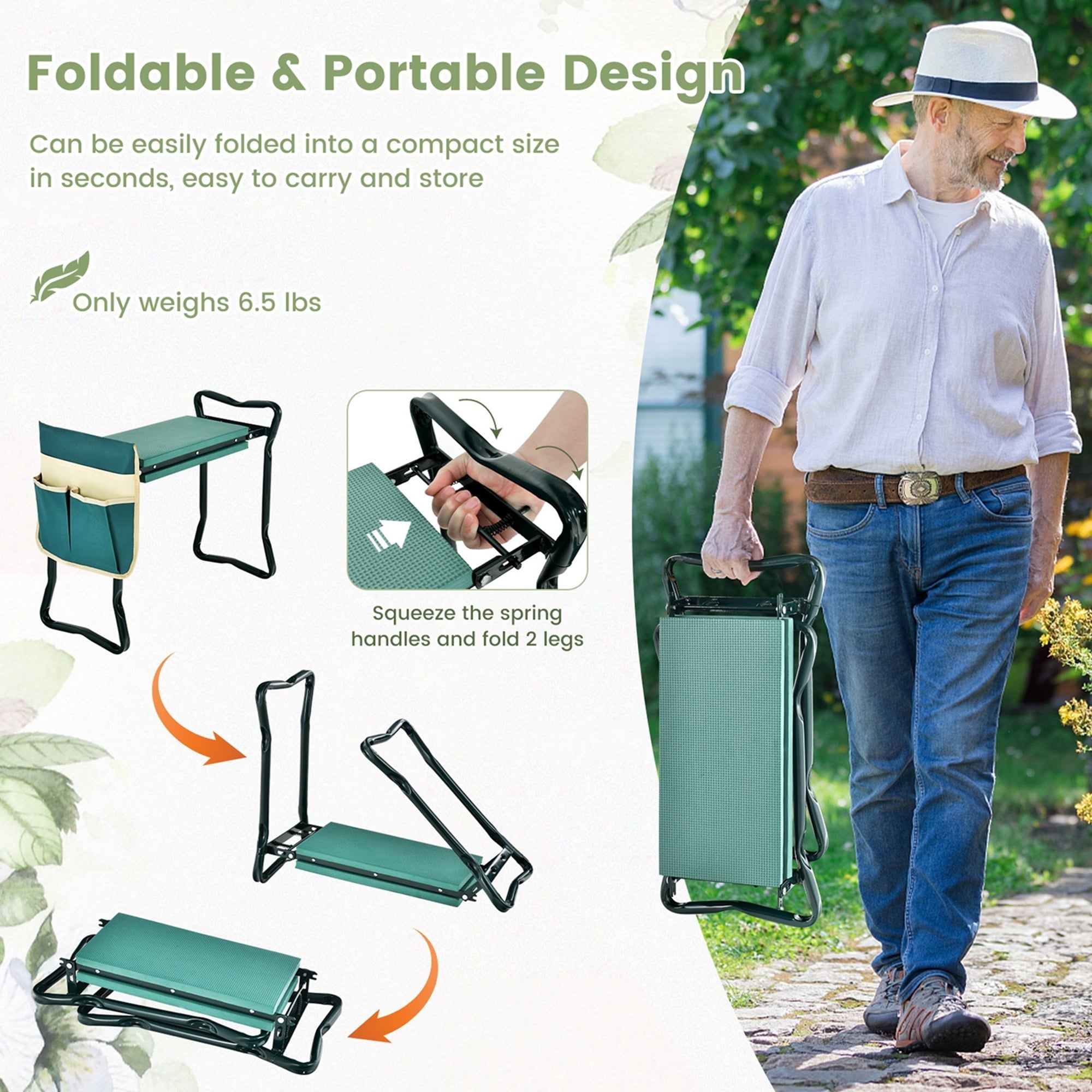 Costway Folding Sturdy Garden Kneeler Gardener Kneeling Pad & Cushion Seat Knee Pad Seat Green