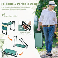 Folded green garden kneeler with cushioned pad, black legs and hanging tool pouch for storage