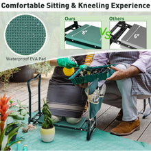 Green waterproof EVA kneeling pad on folding garden kneeler with tool pouch and black stand