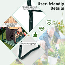 Green folding garden kneeler with powder-coated metal frame, ergonomic handles, and tool pouch
