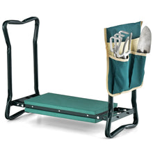 Green cushioned garden kneeler with black metal legs and side tool organizer pouch