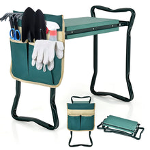 Green folding garden kneeler with cushioned seat pad and tool pouch holding gloves, black frame
