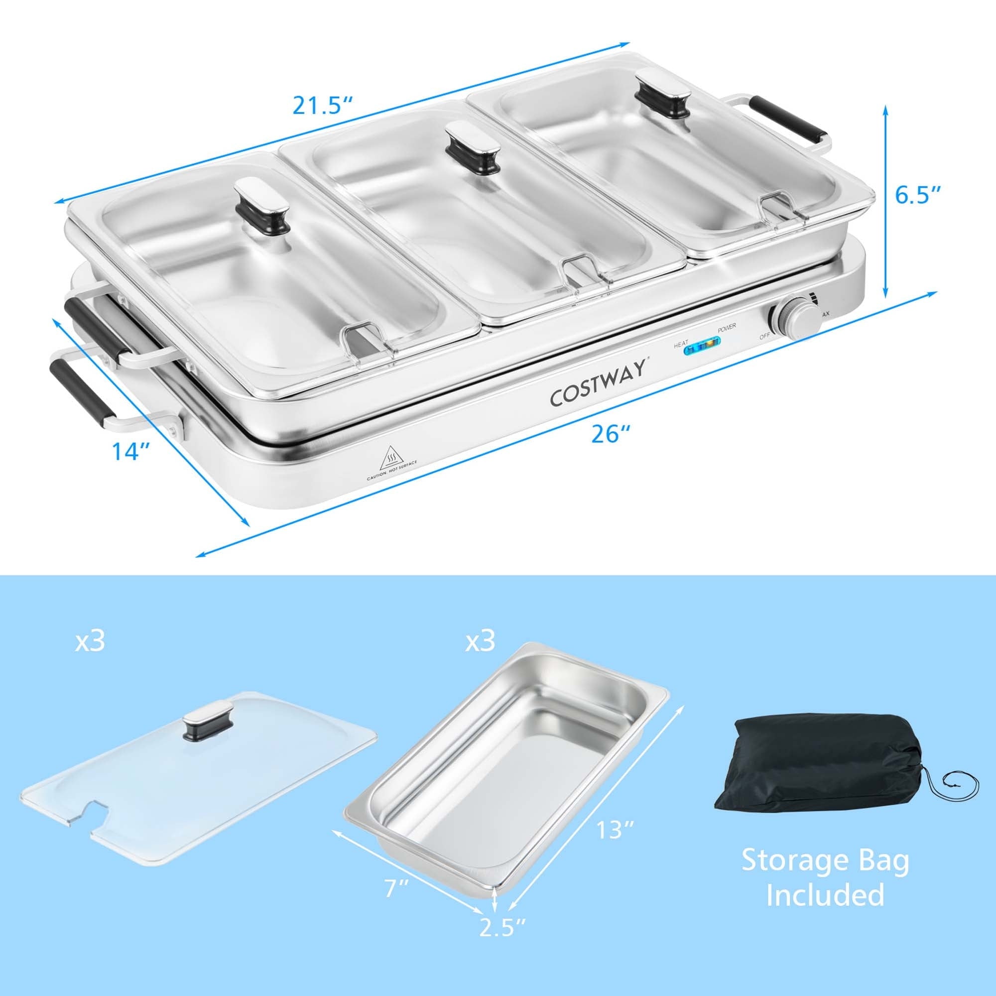Costway Electric Buffet Server Food Warmer with 3 Removable Trays Adjustable Tempered