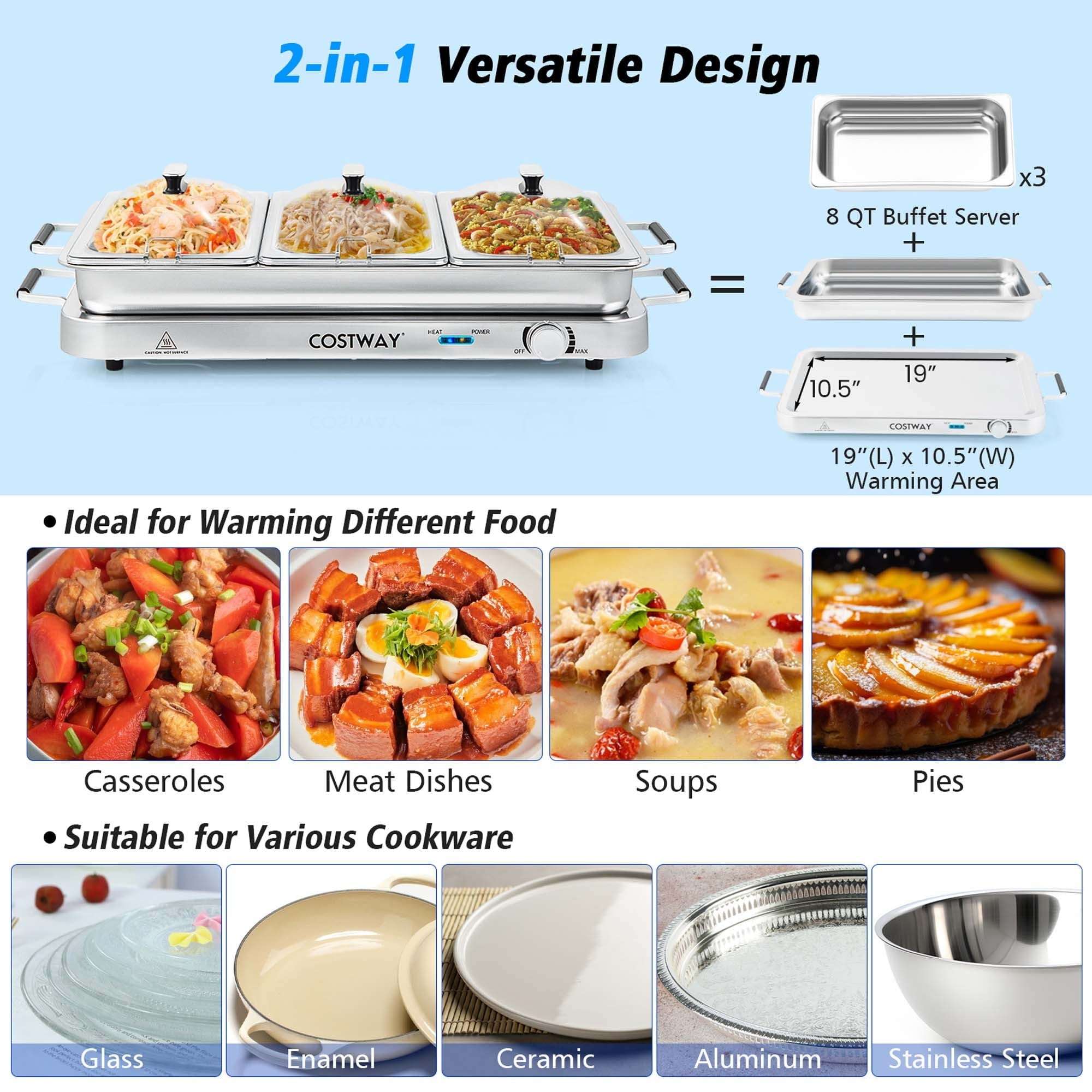 Costway Electric Buffet Server Food Warmer with 3 Removable Trays Adjustable Tempered
