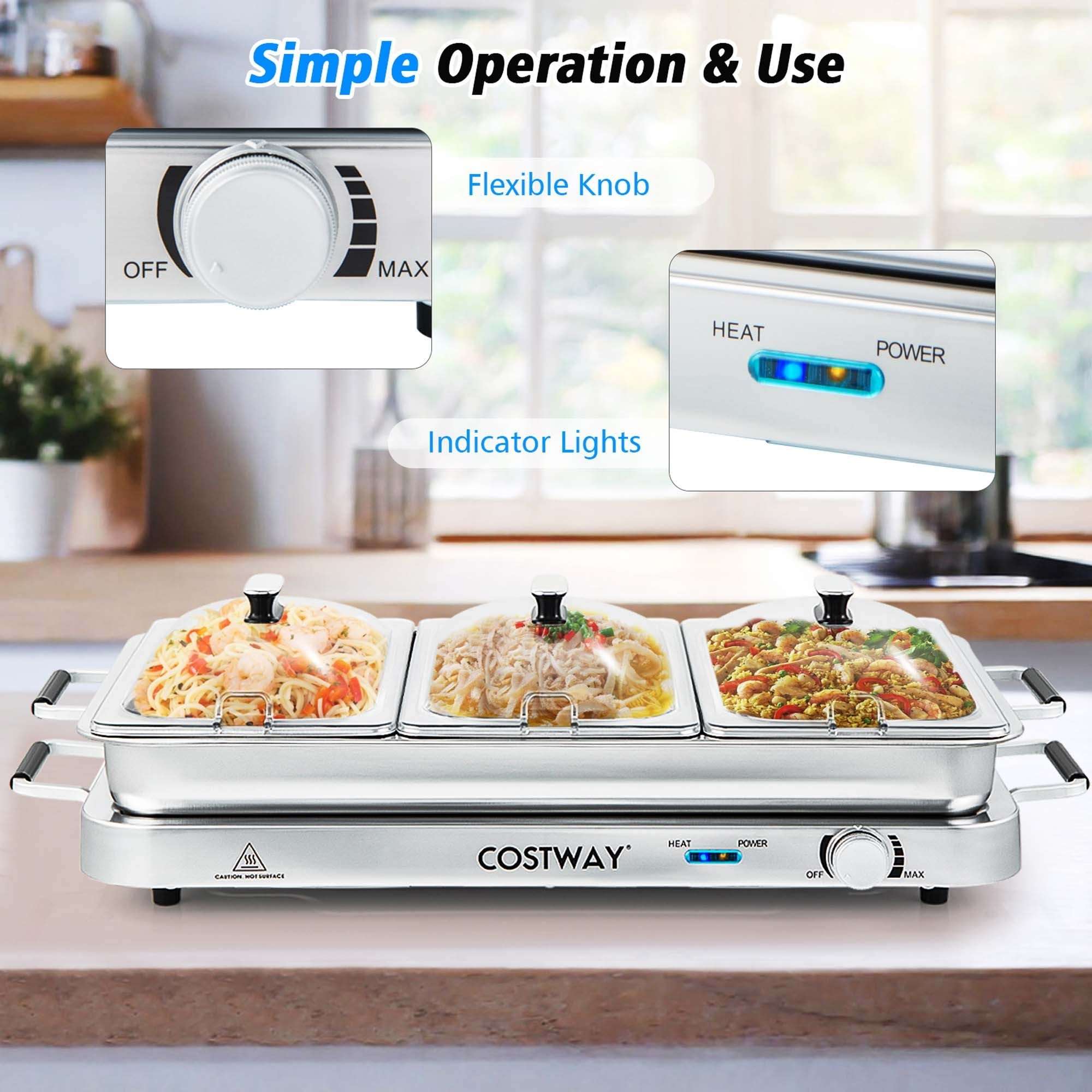 Costway Electric Buffet Server Food Warmer with 3 Removable Trays Adjustable Tempered