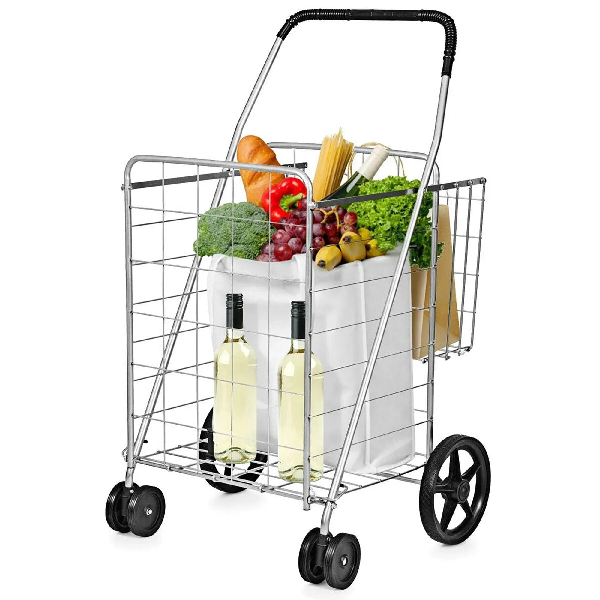 Costway Folding Shopping Cart Jumbo Basket Grocery Laundry with Swivel Wheels Black