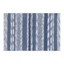 Blue striped cotton bath mat, flat weave design with textured surface