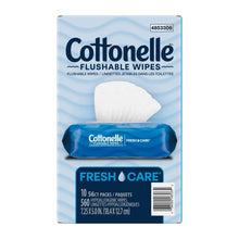 Cottonelle Fresh Care flushable wipes box front with white wipe and 10-pack, 560 count