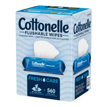 Cottonelle Flushable Wipes box front with white wipe and blue Fresh Care pack