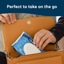 Flushable wipes in blue wrapper inside zip pouch