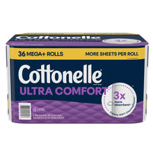 Cottonelle Ultra Comfort toilet paper pack, 36 mega rolls, top and front view