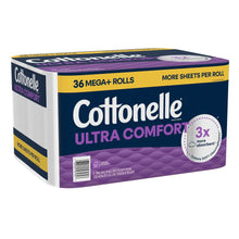 Cottonelle Ultra Comfort toilet paper pack, 36 mega rolls, blue and purple front