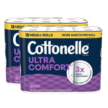 Cottonelle Ultra Comfort toilet paper 2-ply pack, 18 mega rolls, blue and purple