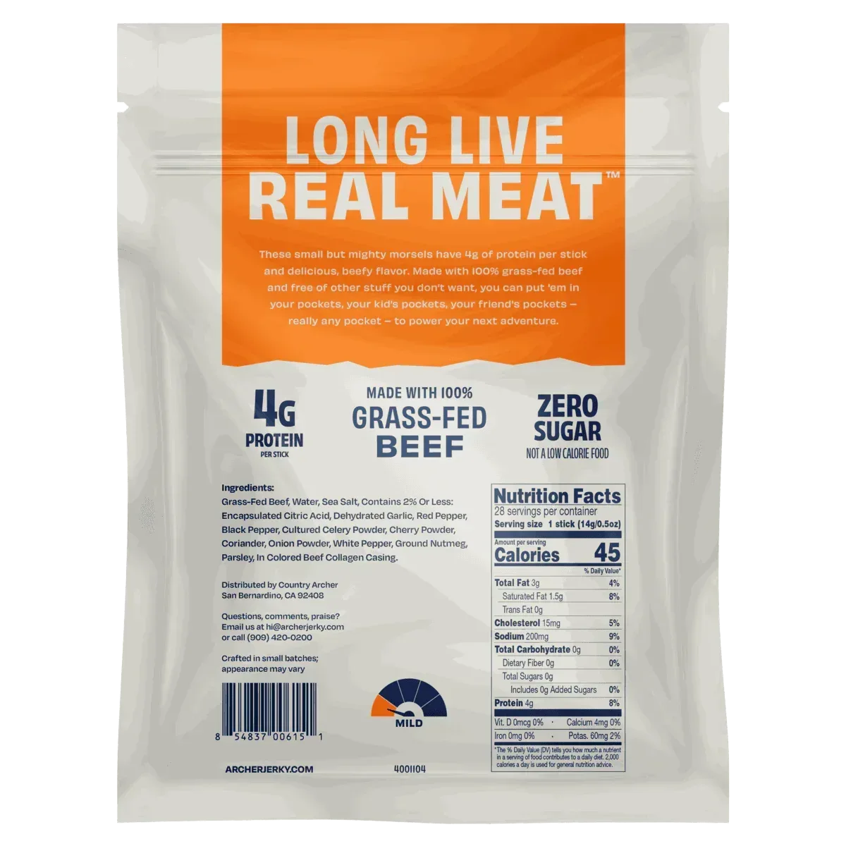 Country Archer Grass-Fed Beef Stick Minis Original, 0.5 oz, 28-Count