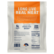 Grass-fed beef stick minis pouch with nutrition facts panel and orange accents