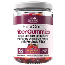 FiberCare Fiber Gummies bottle with mixed fruit gummies visible through clear base