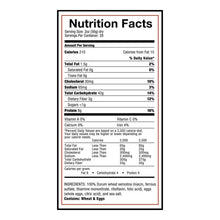 Nutrition Facts label for egg pasta with serving size, calories, and nutrients