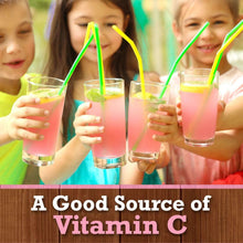 Kids holding glasses of pink lemonade with green and yellow paper straws