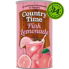 Pink lemonade powdered drink mix canister with Country Time logo and citrus garnish