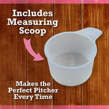 Plastic measuring scoop next to a label for preparing pink lemonade pitcher