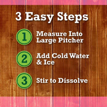 Instructions graphic: measure into large pitcher, add cold water and ice, stir to dissolve