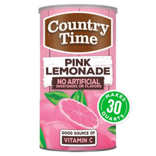 Pink lemonade powdered drink mix canister with Country Time branding and lemon imagery