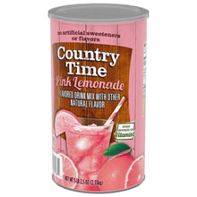 Country Time Pink Lemonade drink mix canister, pink label, scoop and ice graphic