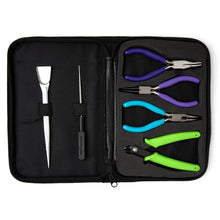 Black zip storage case with 6 jewelry pliers and cutters in colored grips