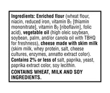 Ingredients label for original baked snack crackers pouch, contains wheat, milk, soy