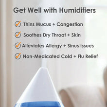 White ultrasonic cool mist drop humidifier with blue-tinted mist reservoir