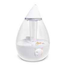 Crane ultrasonic cool mist humidifier with cone top and round base, white plastic