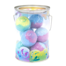 Bath bomb bucket filled with multicolor round bath bombs in a clear plastic pail