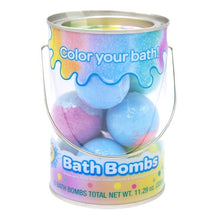 Bath bomb bucket with blue, purple, and pink bath bombs inside clear plastic pail