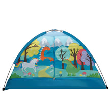 Kids play tent, blue border with dinosaur forest scene print