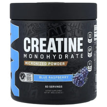 Blue raspberry creatine powder tub, black container with blue accents and purple berry graphics