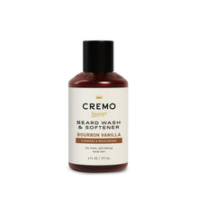 Cremo 2-in-1 beard and face wash bottle with black cap, bourbon vanilla label