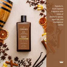 Cremo 2-in-1 shampoo and conditioner bottle with bourbon vanilla label