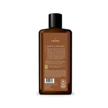 Cremo 2-in-1 shampoo and conditioner bottle, back label view, bourbon vanilla