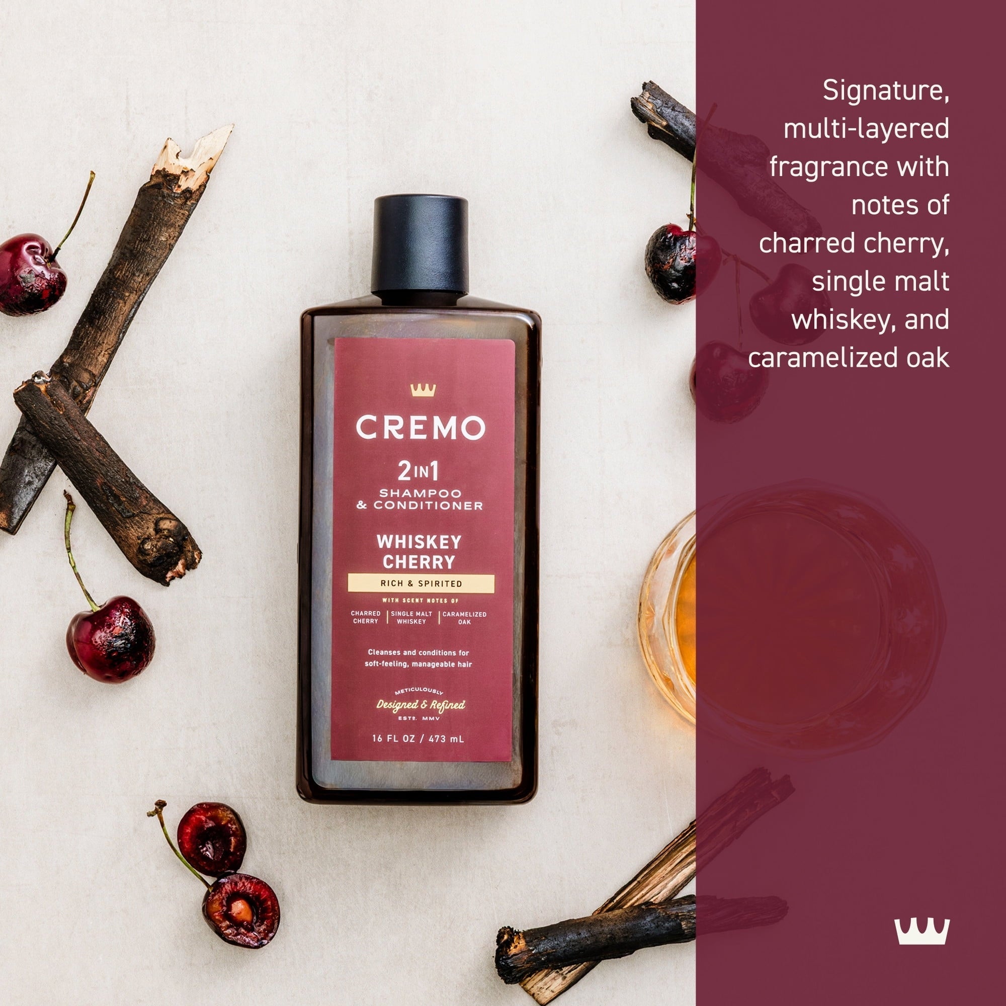 Cremo 2-in-1 Men's Shampoo & Conditioner, Whiskey Cherry Scent, 16 fl oz (PACK OF 3 )