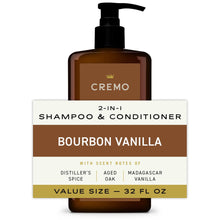 Cremo 2-in-1 shampoo and conditioner bottle with bourbon vanilla label, 32 fl oz