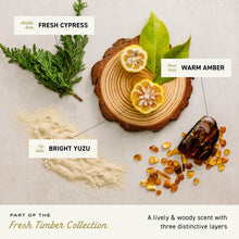 2-in-1 shampoo and conditioner bottle with fragrance notes: bright yuzu, cypress, warm amber