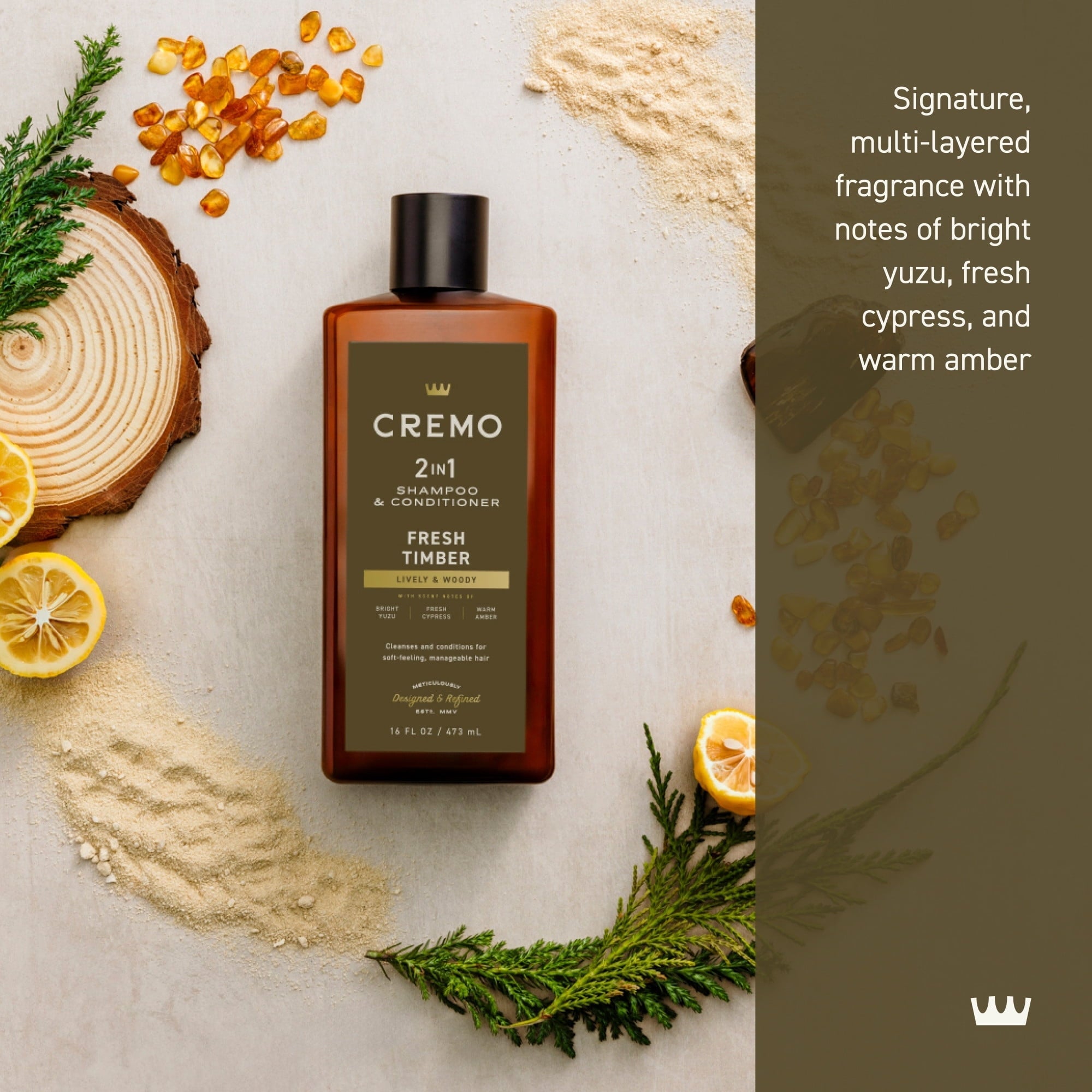 (3 PACK ) Cremo 2 in 1 Men's Shampoo & Conditioner, Fresh Timber Scent, 16 fl oz