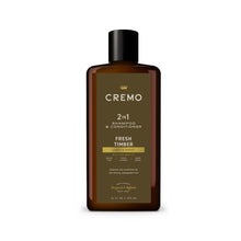 Cremo 2-in-1 shampoo and conditioner bottle, Fresh Timber scent, amber-brown