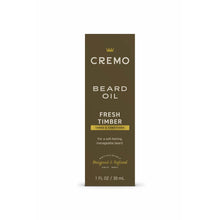 Beard oil carton with CREMO branding and Fresh Timber label