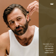 Beard oil being applied with dropper to a man’s beard