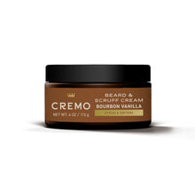 Beard & scruff cream jar with black lid and brown label, bourbon vanilla