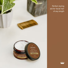 Beard & scruff cream jar with open lid and a small scoop of cream