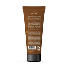 Cremo moisturizing shave cream tube, back label, brown tube with black cap